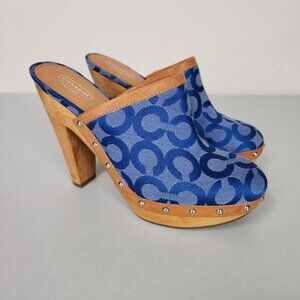 Coach Bacall Clog Shoes Womens Size 7.5 Blue Signature Canvas Wood Heel Platform